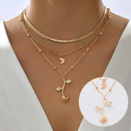 Bohemia Multilayer Moon Gold Color Pendant Necklaces For Women Rose Flower Choker Necklace Fashion Jewelry Party Gift Valentine's Day Gifts